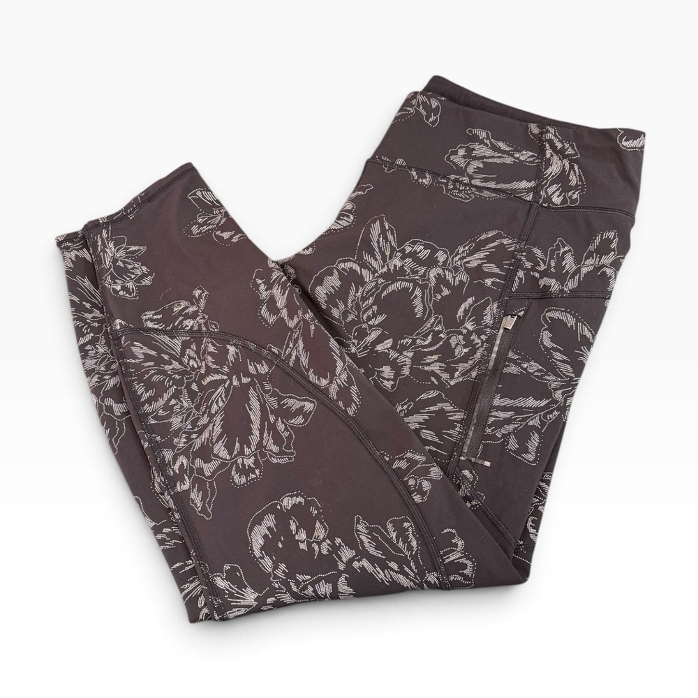 Athleta Rainier Reflective Tight XL Gray Silver Floral Leggings Zip Pocket